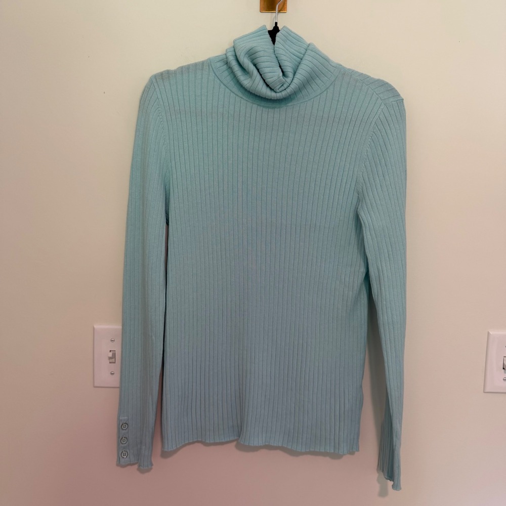 J. McLaughlin Womens Light Blue Ribbed Knit Turtleneck Sweater Button Cuff Large